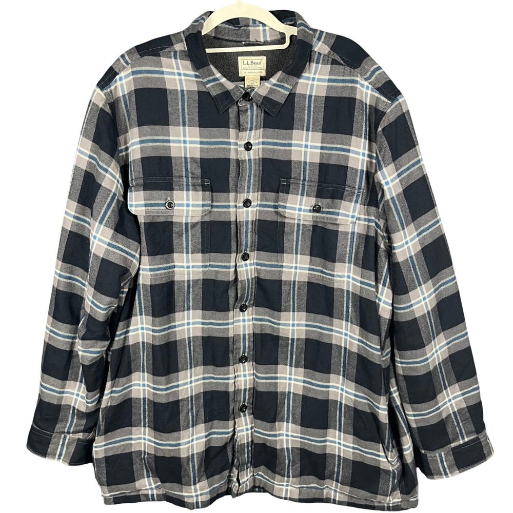 LL Bean Shirt Jacket Mens XL Blue Grey Plaid Fleece Lined Flannel Traditional